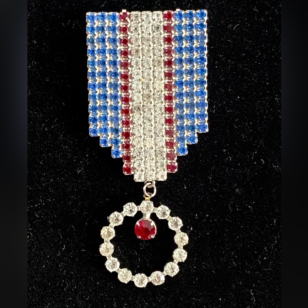 Vintage Bauer Brooch Red, Clear & Blue Rhinestones Signed 3” Excellent Condition